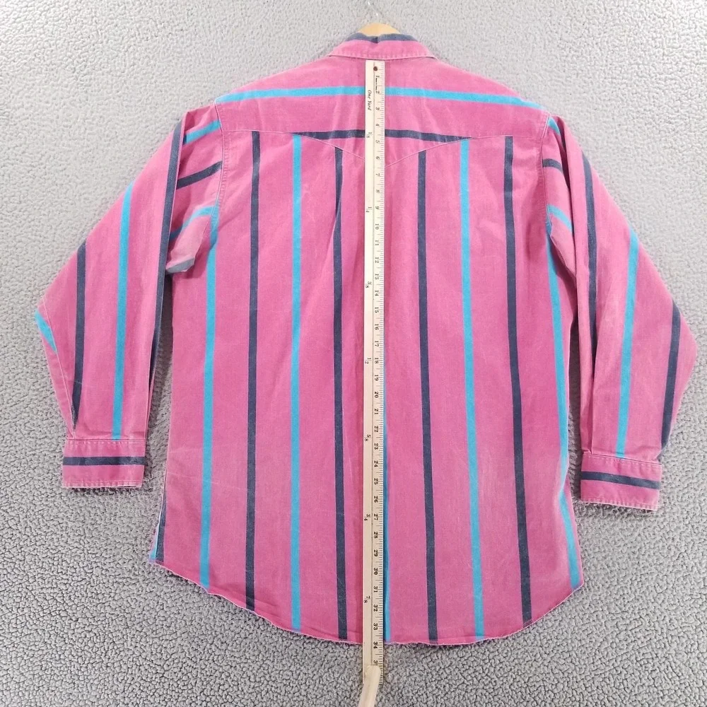 VTG Wrangler Brushpopper Shirt Mens 17 XL Pink Striped Western Rodeo Cowboy Blue